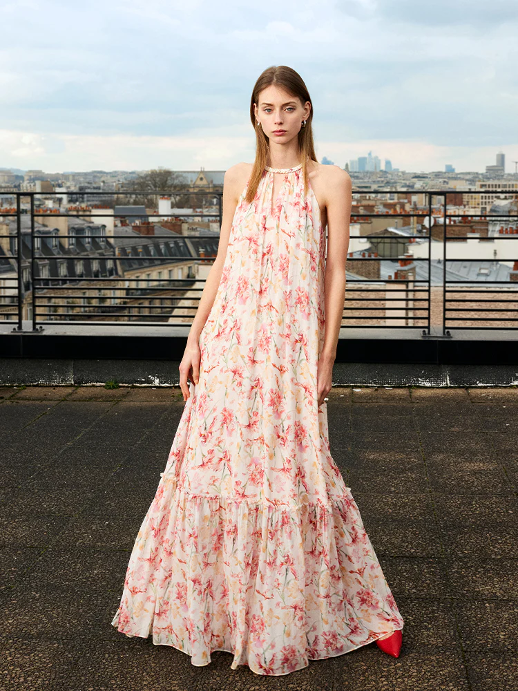 10 Momme Mulberry Silk Iris Print Halter Ruffle Women Maxi Dress - Image 3