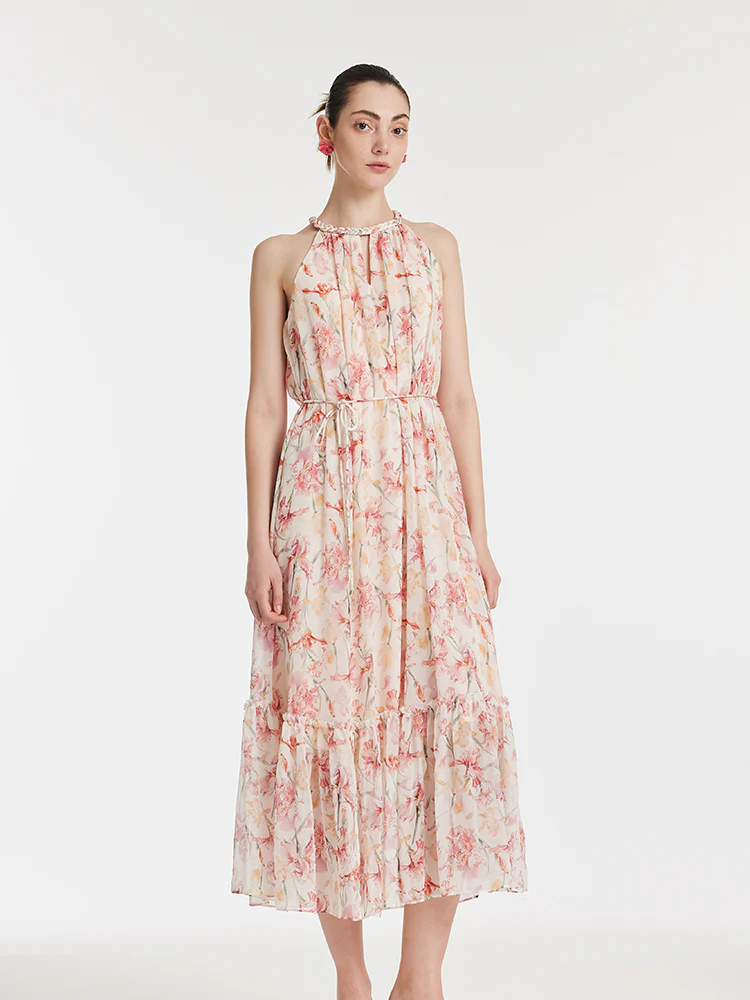10 Momme Mulberry Silk Iris Print Halter Ruffle Women Maxi Dress - Image 7