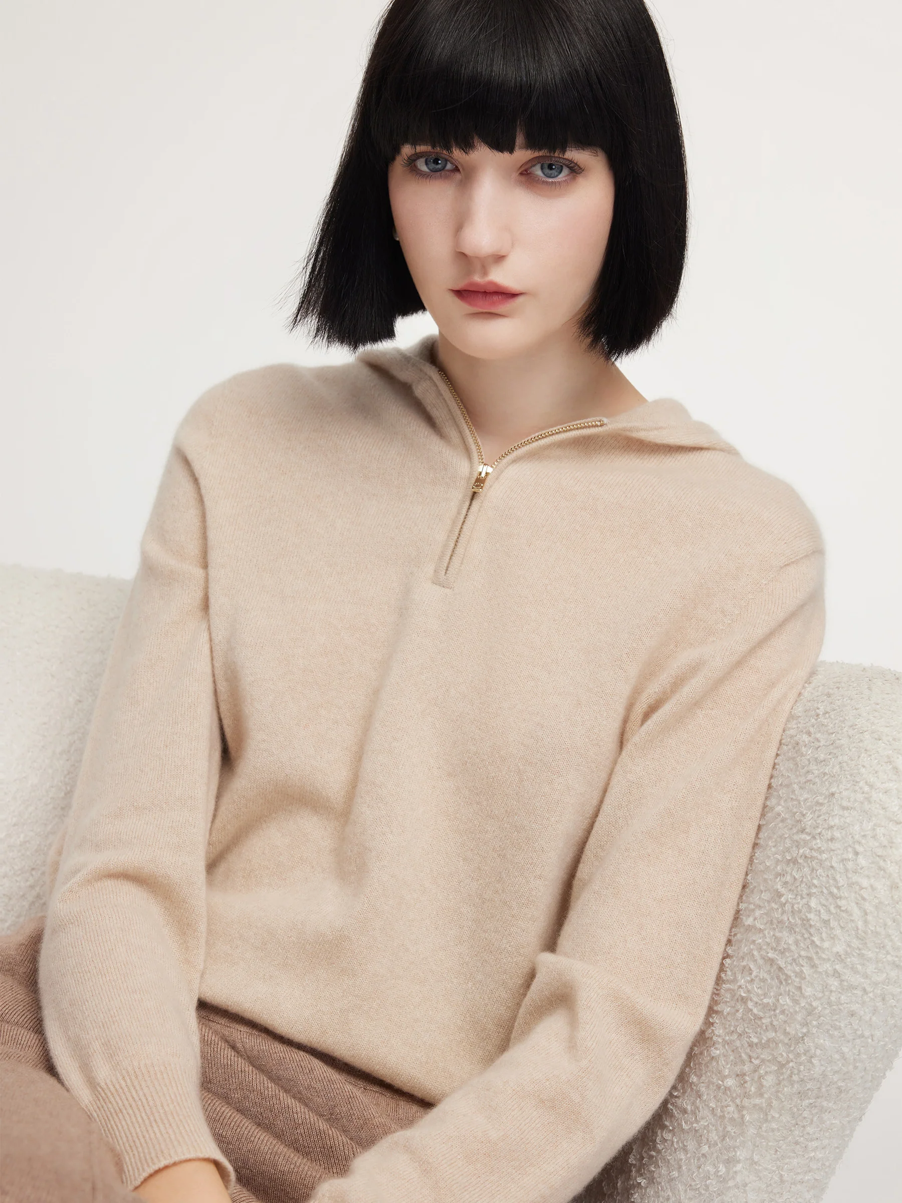 100% Cashmere Half-Zip Women Hooded Sweater - Image 6