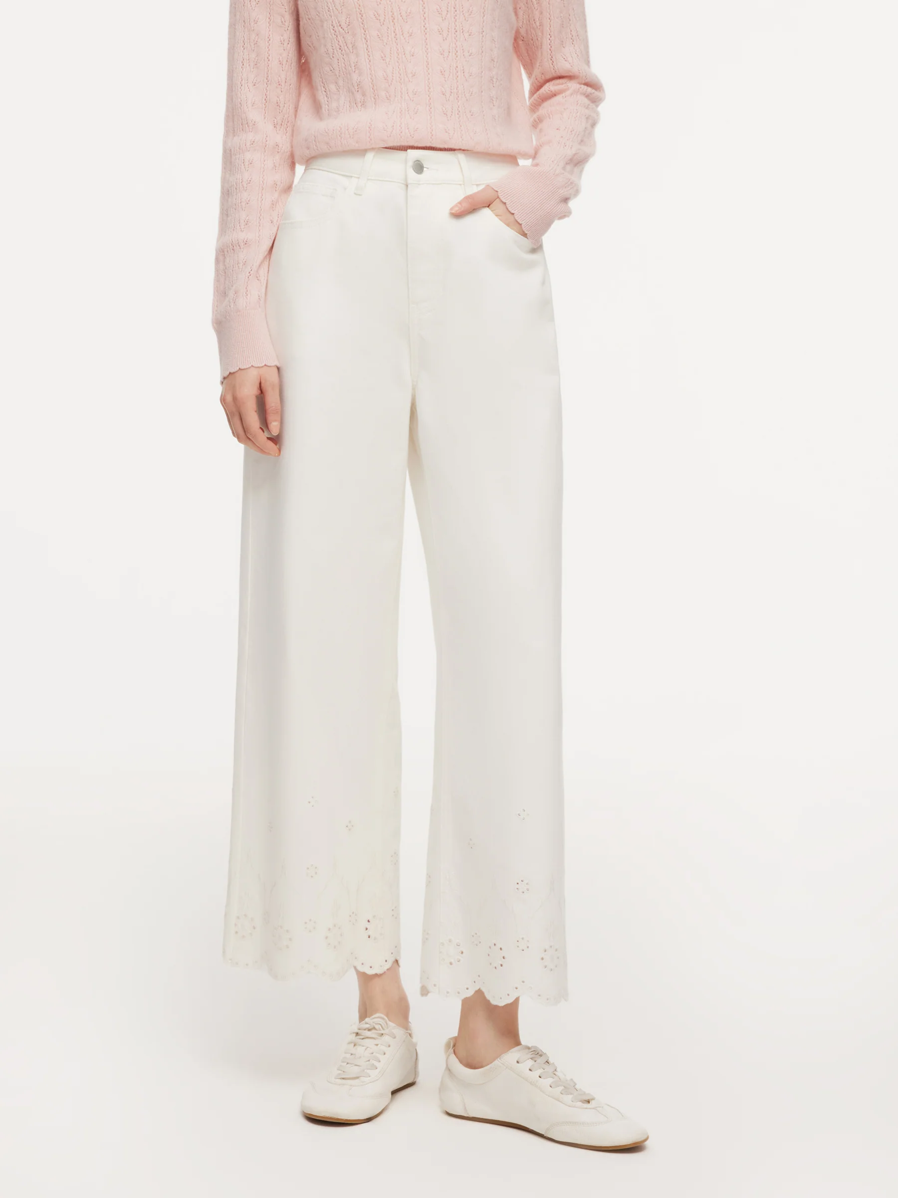 100% Cotton Denim Embroidered Women Wide Leg Jeans