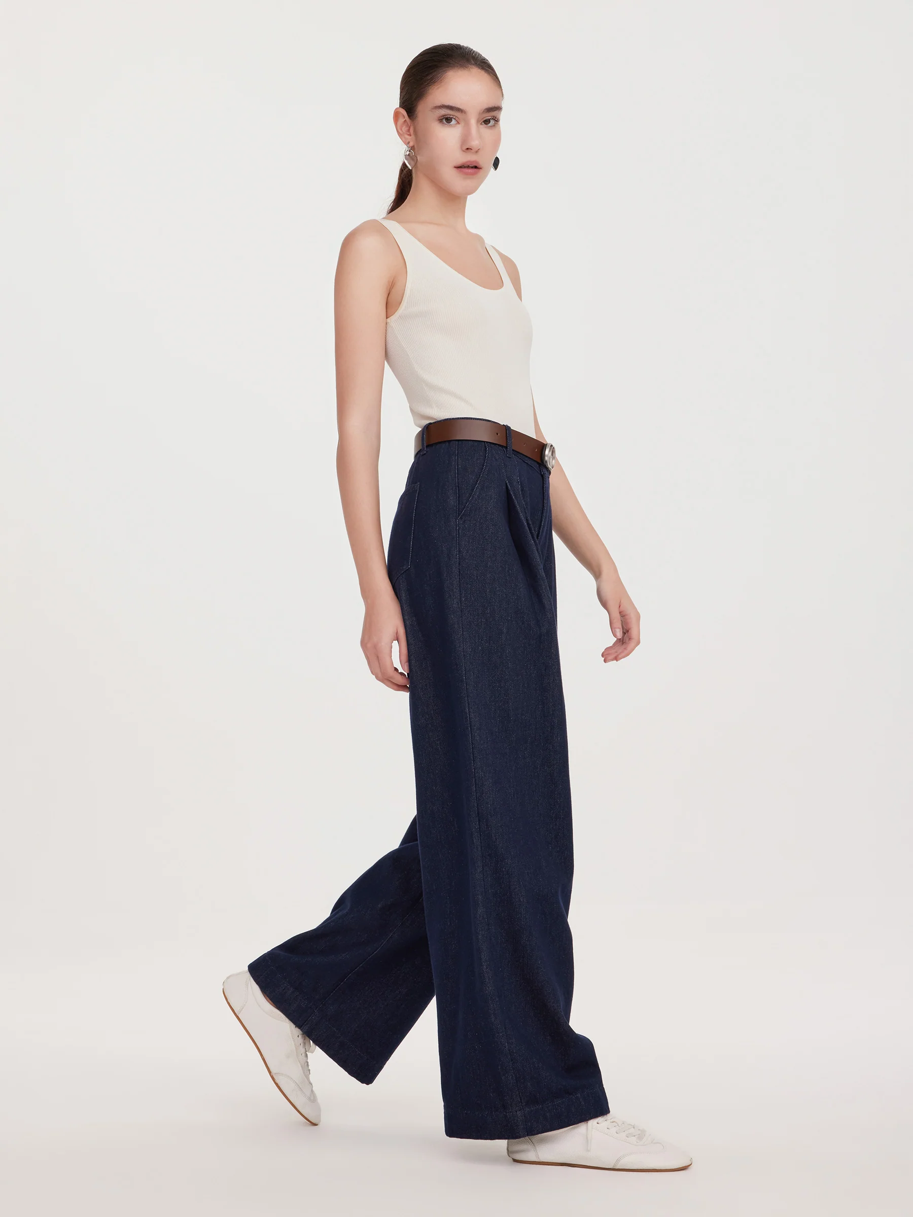 100% Cotton Denim Wide Leg Women Jeans With GO Letter Belt - Image 2