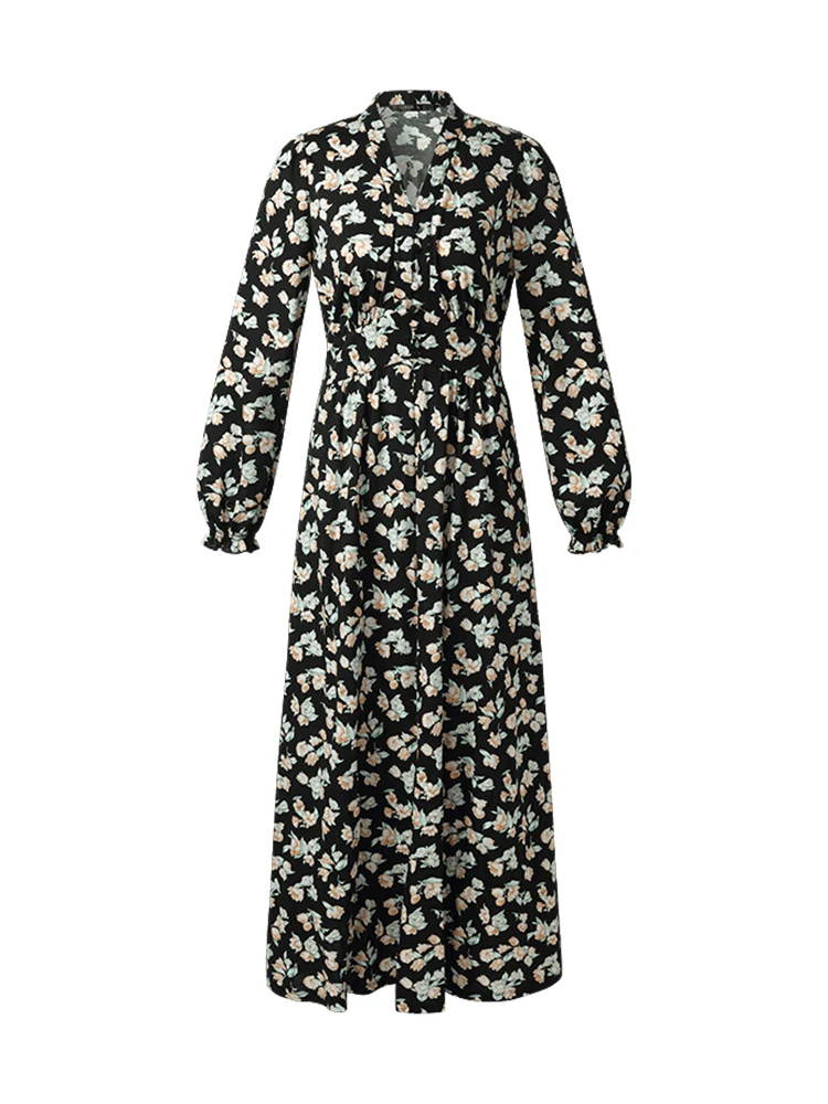 100% Cotton Floral Print Stretch Gathered Waist Women Maxi Dress - Image 7