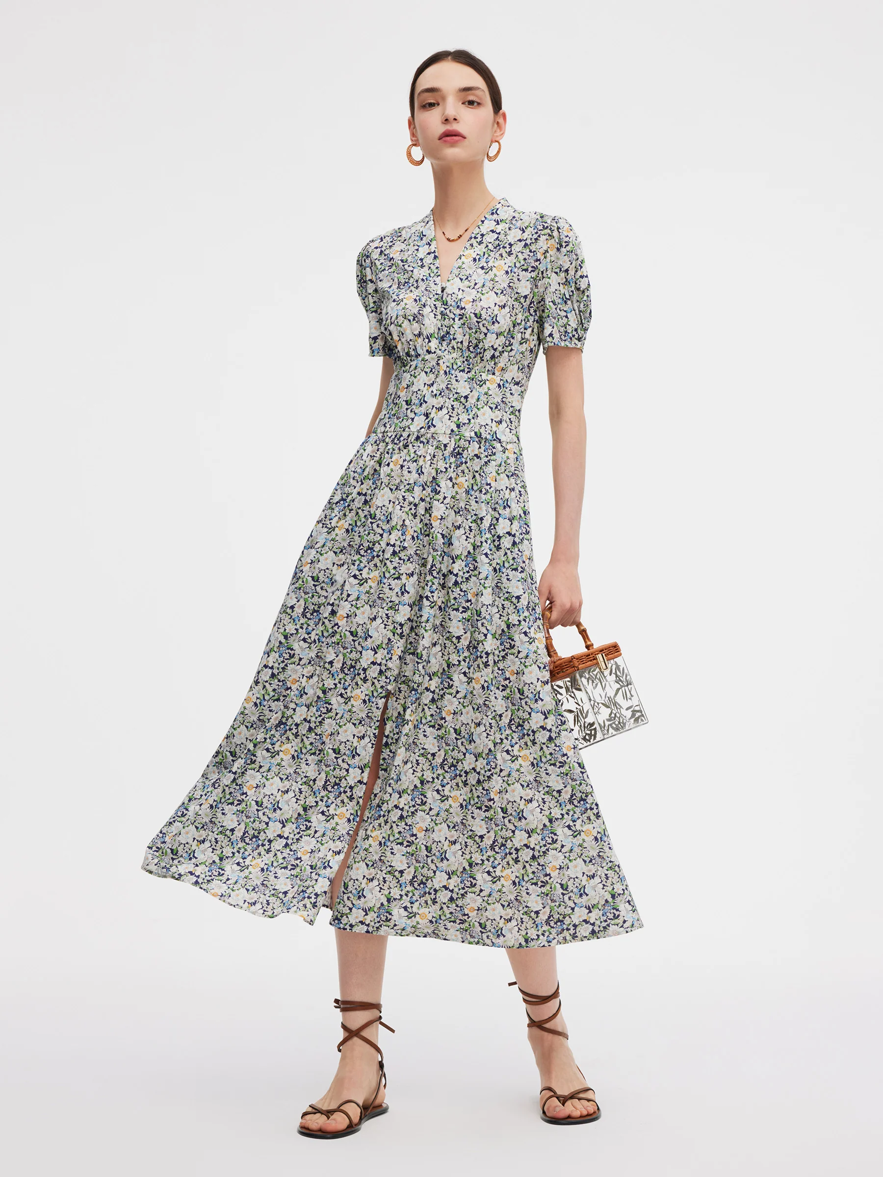 100% Cotton Floral Print V-Neck Women Maxi Dress