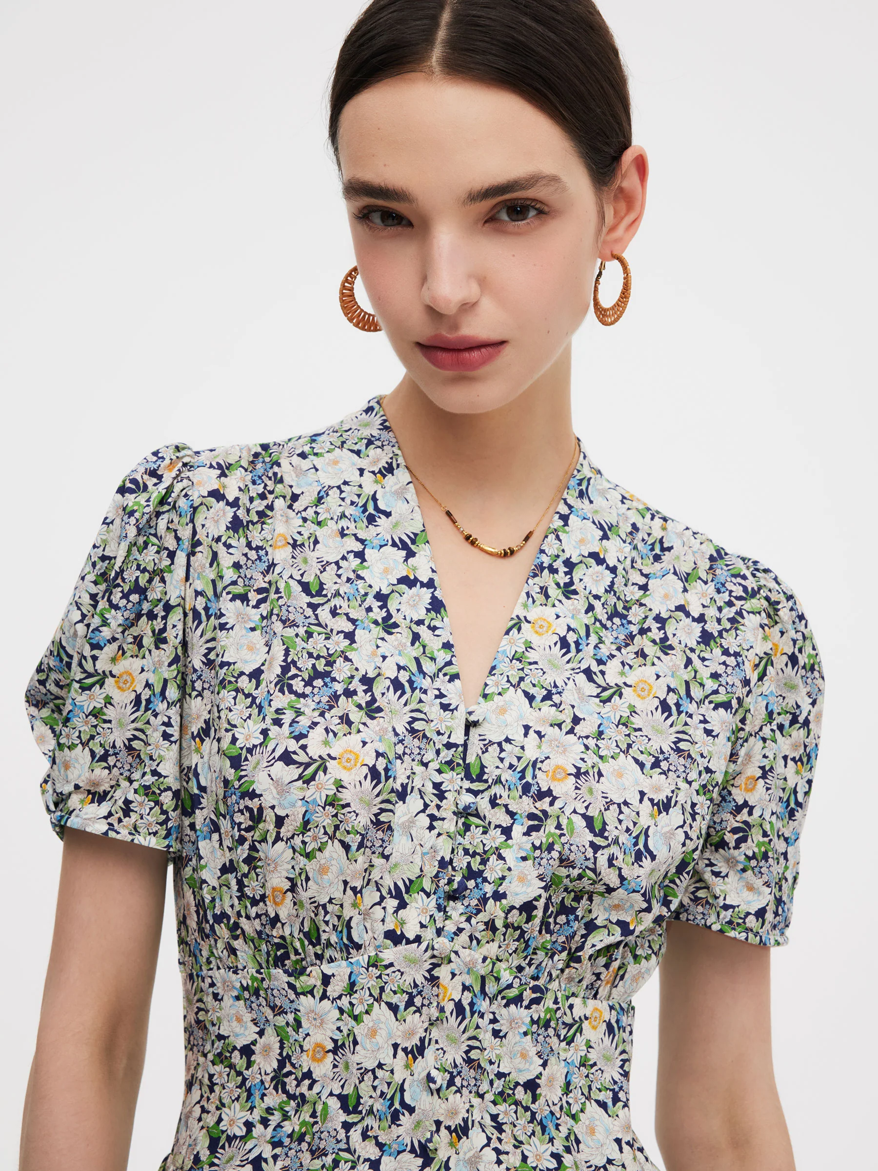 100% Cotton Floral Print V-Neck Women Maxi Dress - Image 5