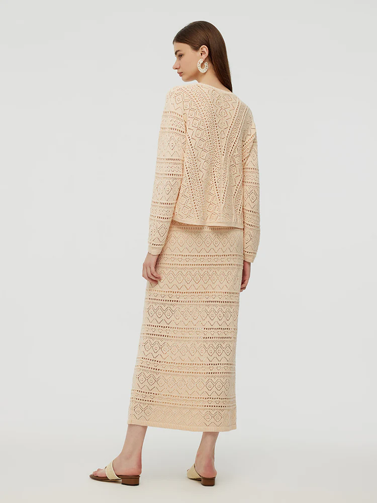 100% Cotton Openwork Cardigan And Skirt Two-Piece Set - Image 3