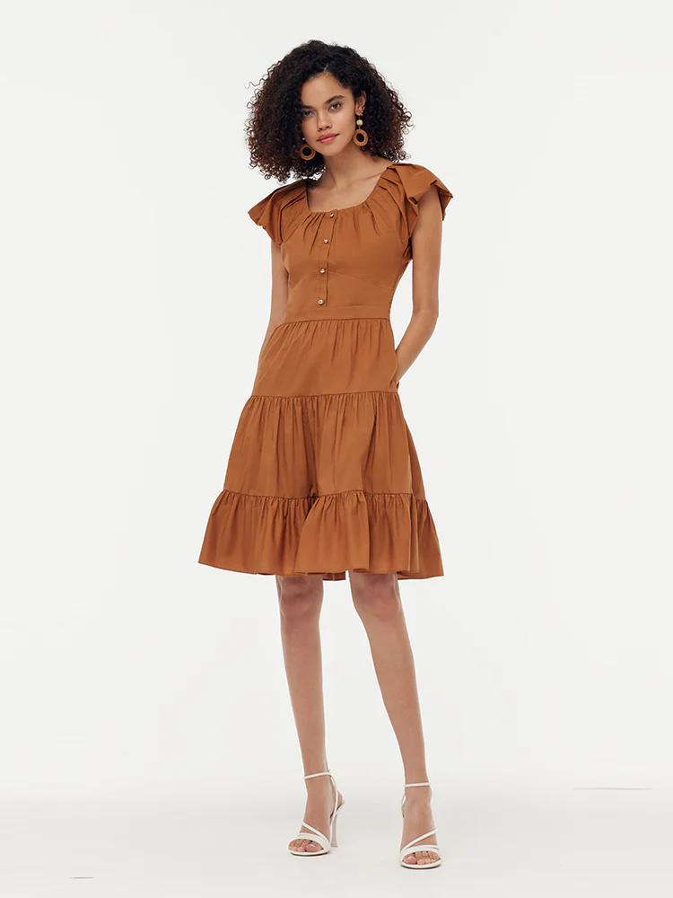 100% Cotton Ruffle Sleeve Gathered Waist Women Mini Dress - Image 3