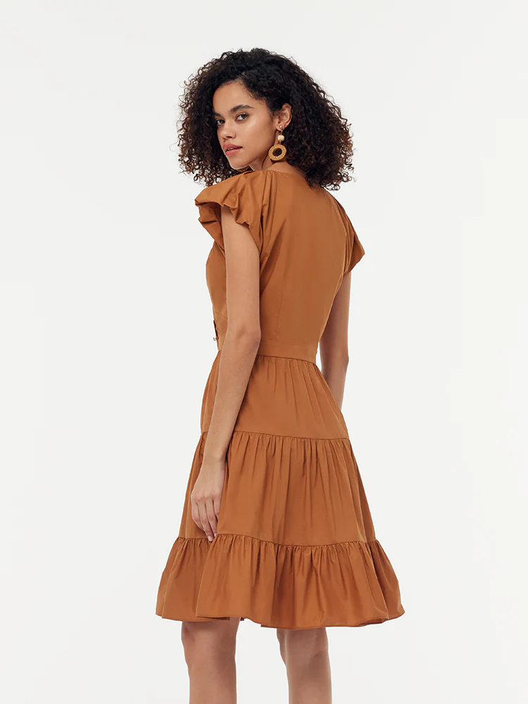 100% Cotton Ruffle Sleeve Gathered Waist Women Mini Dress - Image 4