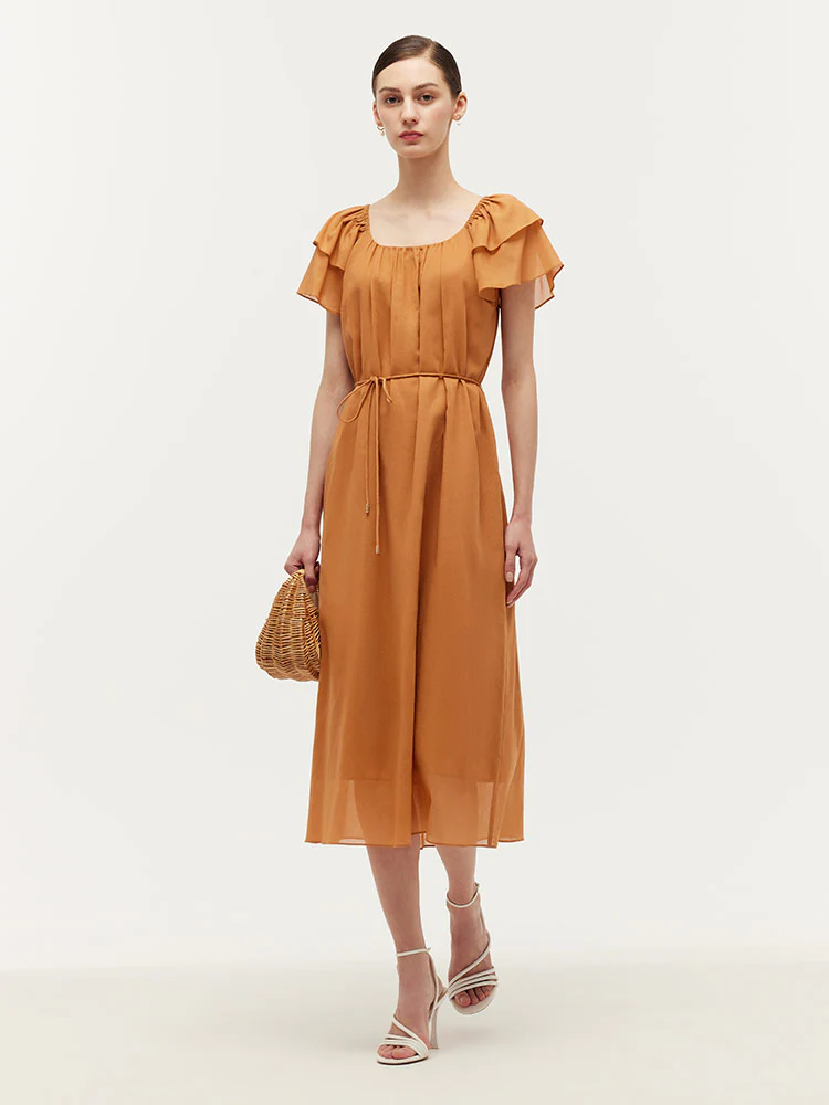 100% Cotton Ruffle Sleeve Women Midi Dress With Belt - Image 2