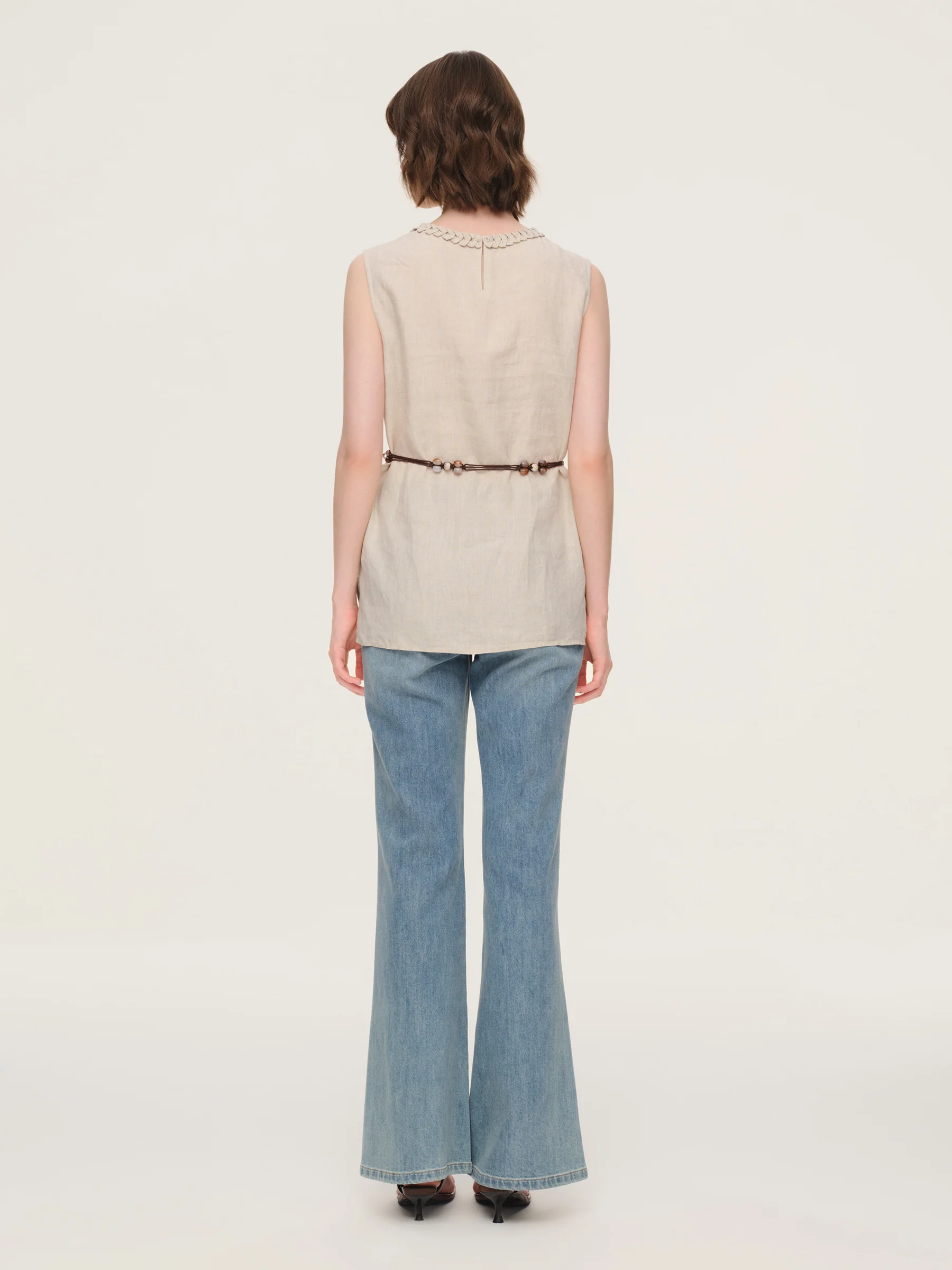 100% Linen Braided Neck Tank Top And Pants Two-Piece Set With Beaded Belt - Image 4