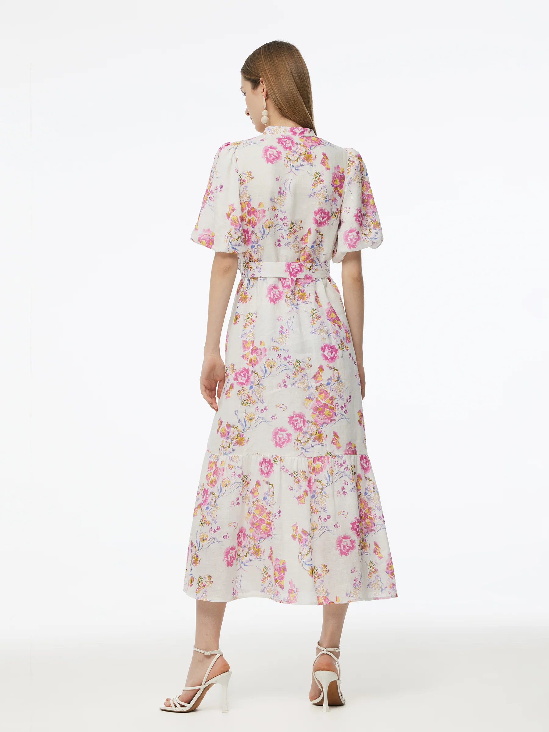 100% Linen Rose Print Women Maxi Dress With Belt - Image 3