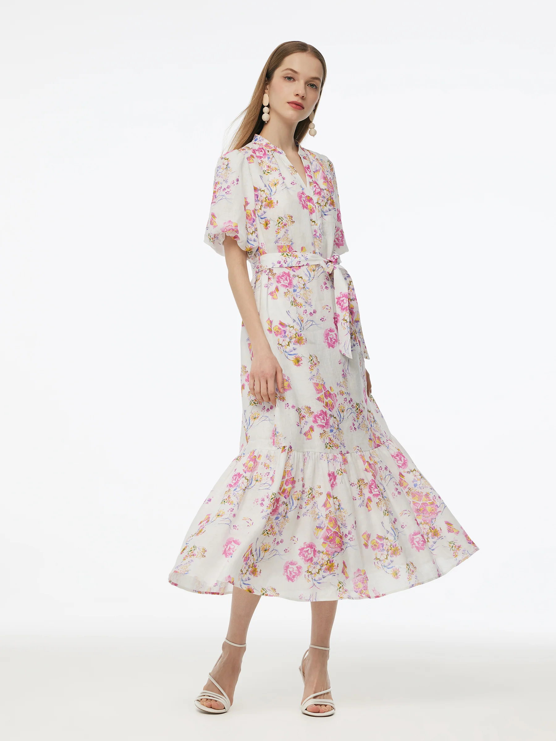 100% Linen Rose Print Women Maxi Dress With Belt - Image 5
