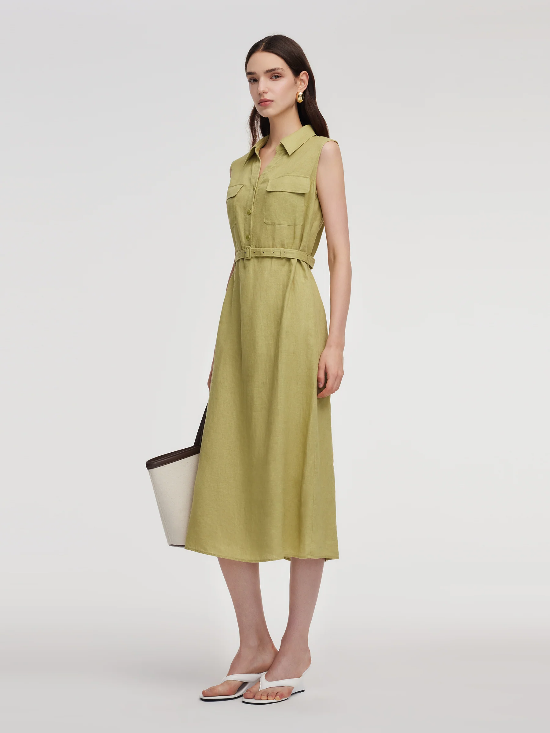 100% Linen Sleeveless Women Maxi Shirt Dress With Belt - Image 4