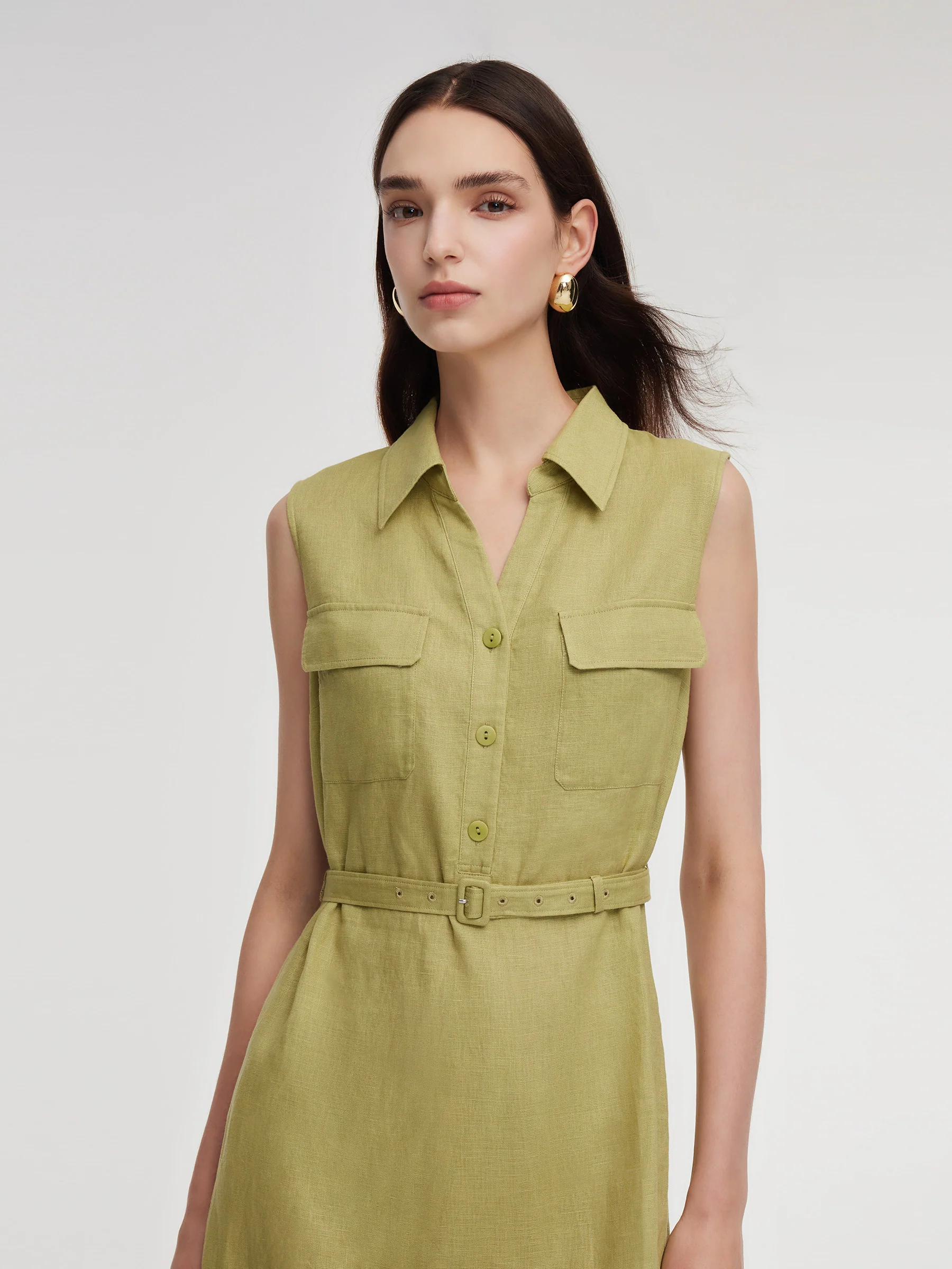 100% Linen Sleeveless Women Maxi Shirt Dress With Belt - Image 6