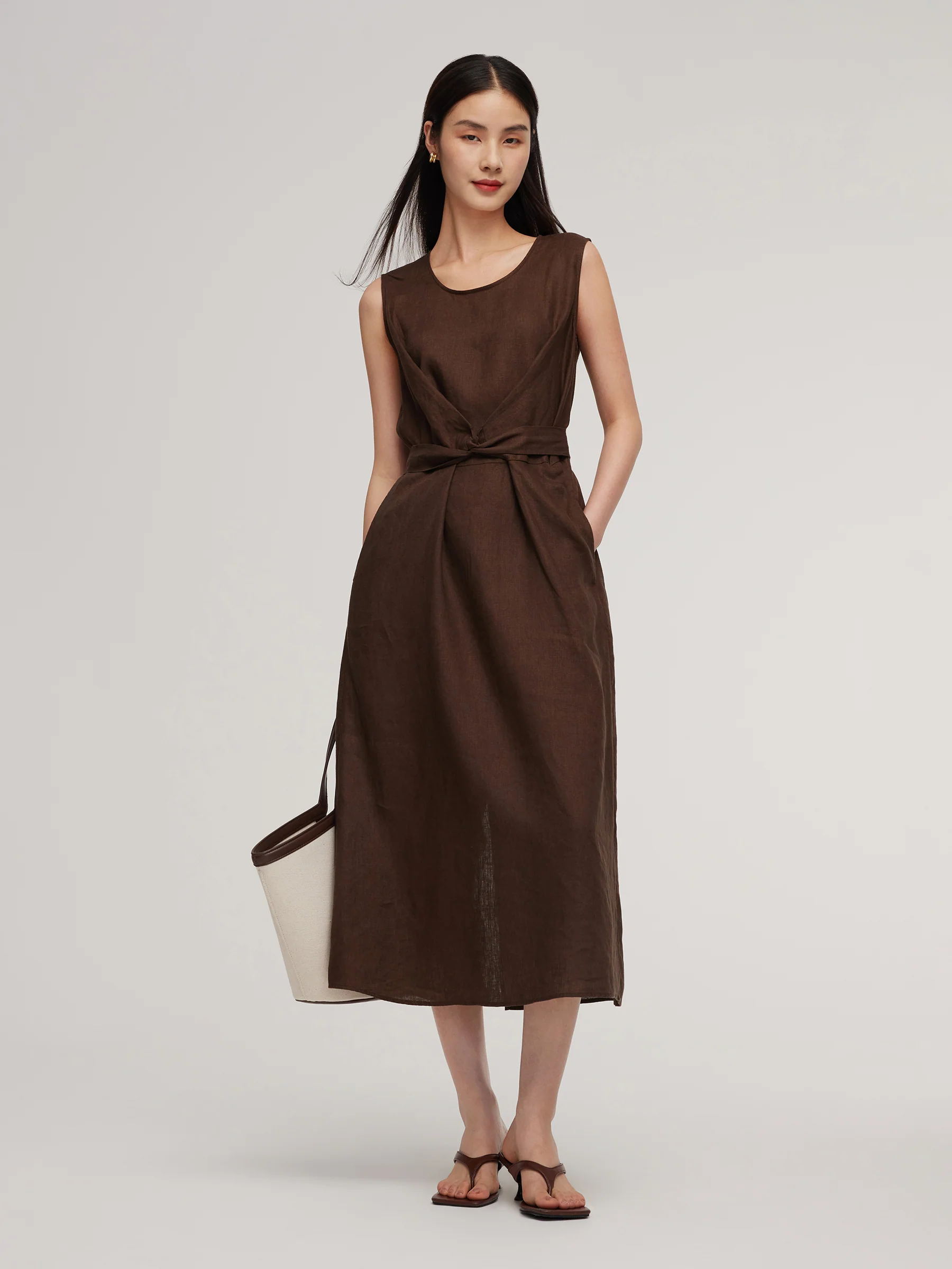 100% Linen Twist Front Women Sleeveless Maxi Dress