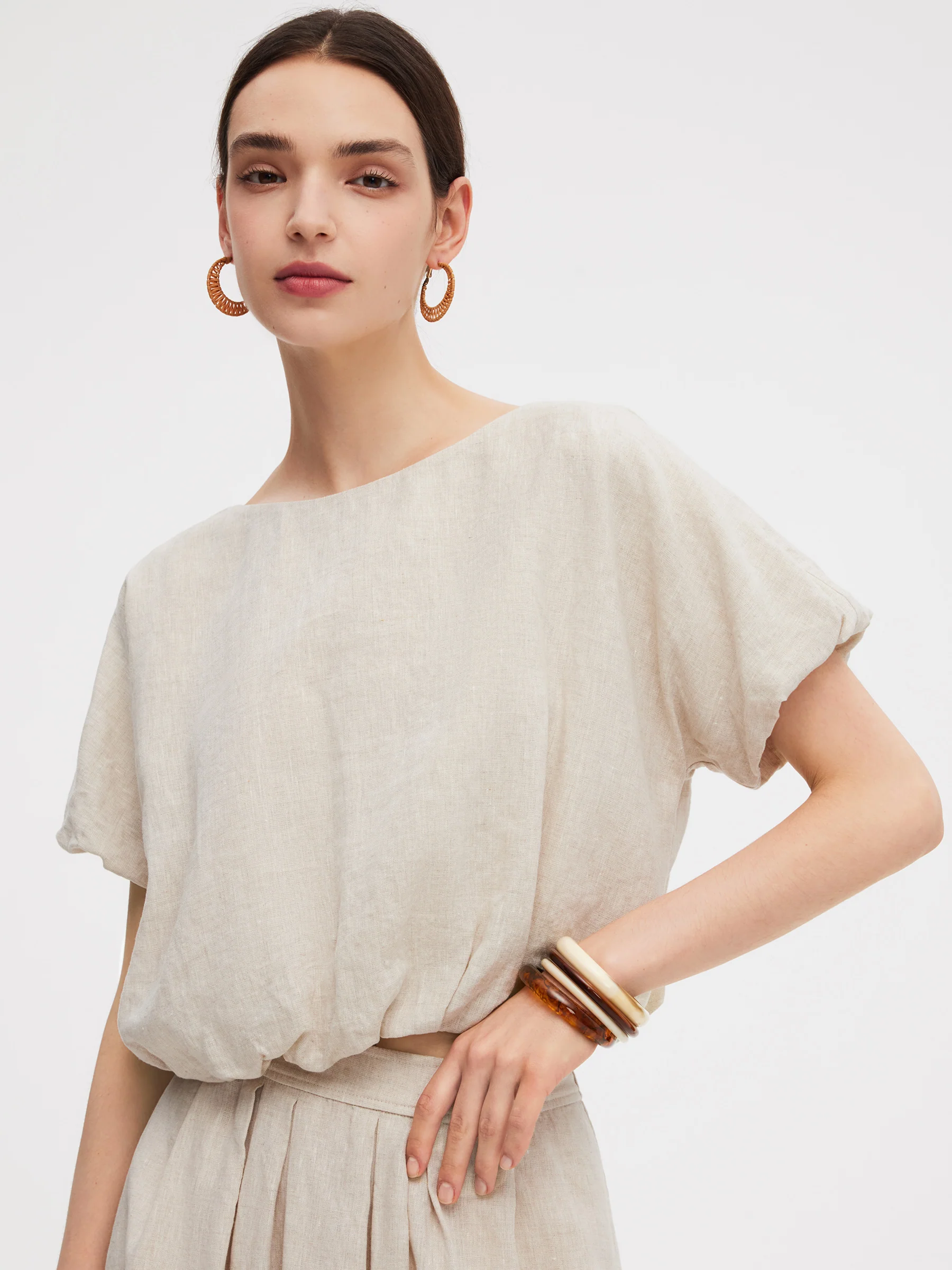 100% Linen Women Bud Sleeve Top - Image 2