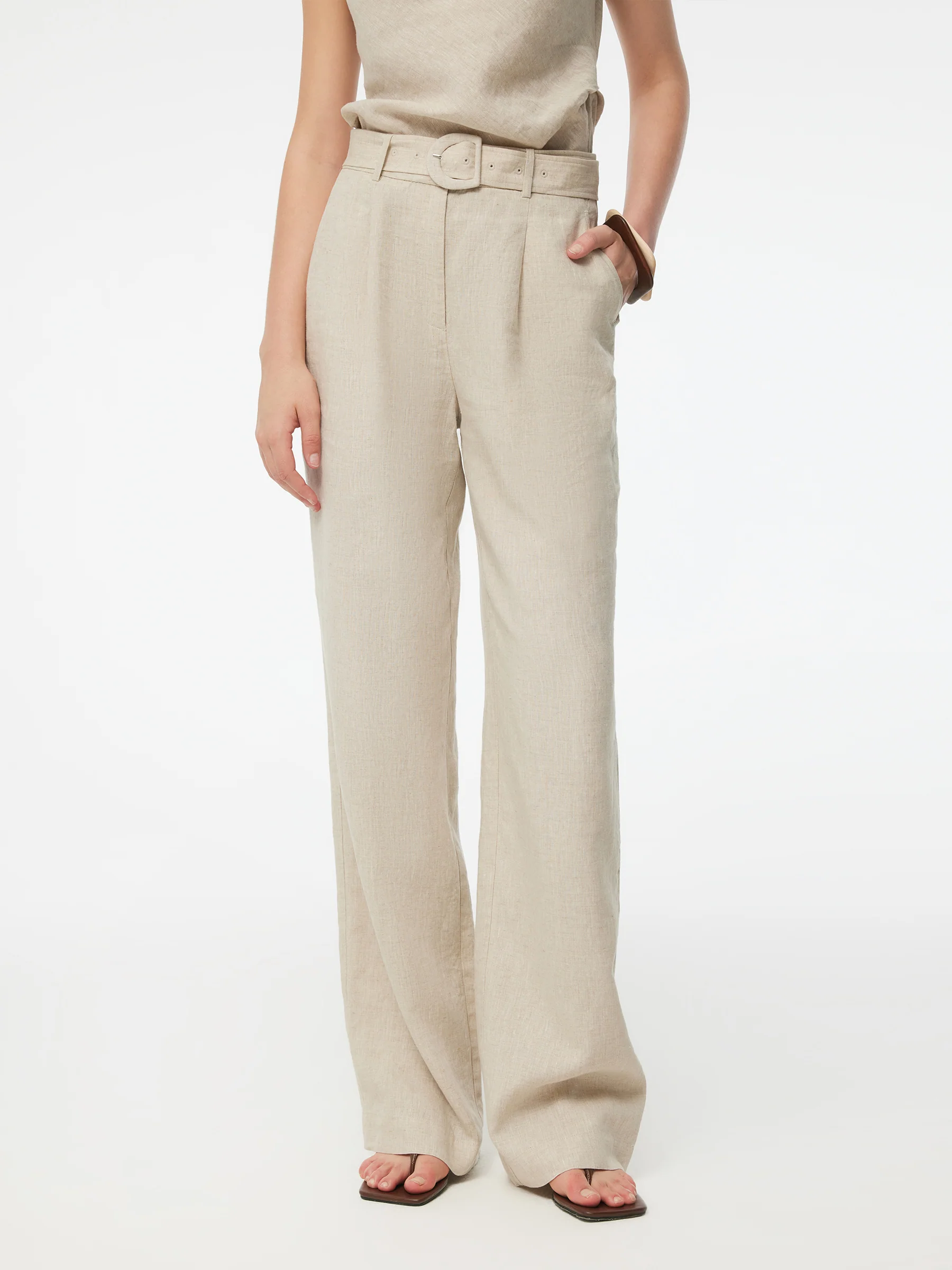 100% Linen Women Straight Leg Pants With Belt - Image 2