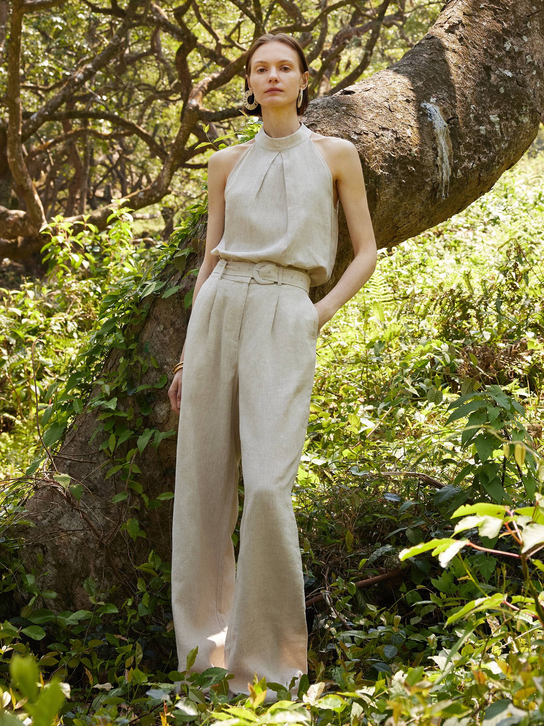 100% Linen Women Straight Leg Pants With Belt - Image 3