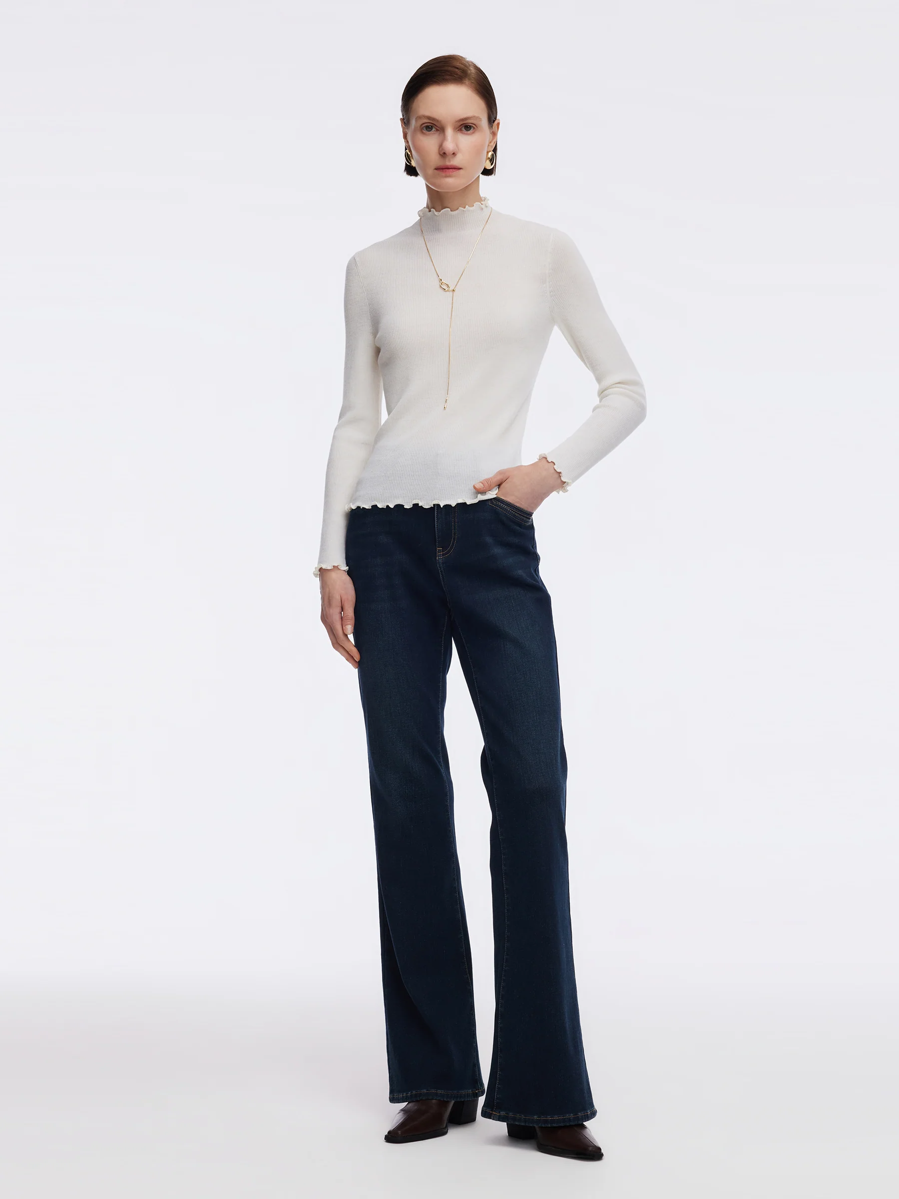 100% Machine Washable Wool Ruffle Mock Neck Women Knit Top - Image 2