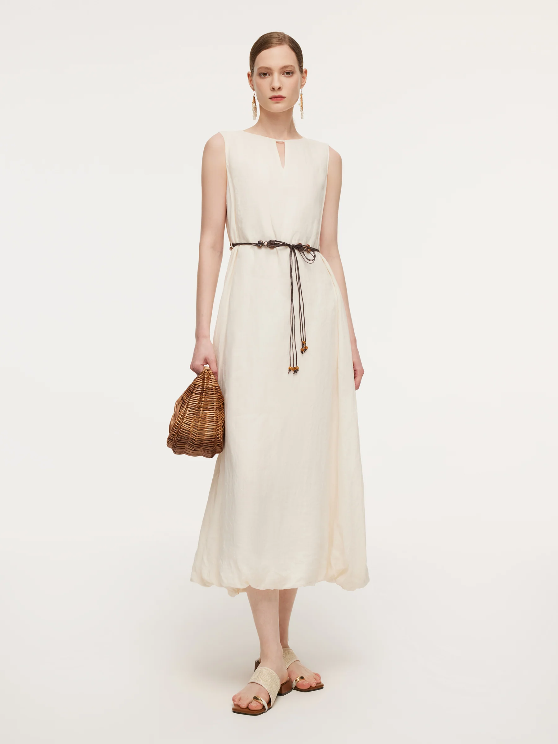 100% Ramie Bubble Hem Women Sleeveless Maxi Dress With Tie String Belt - Image 2
