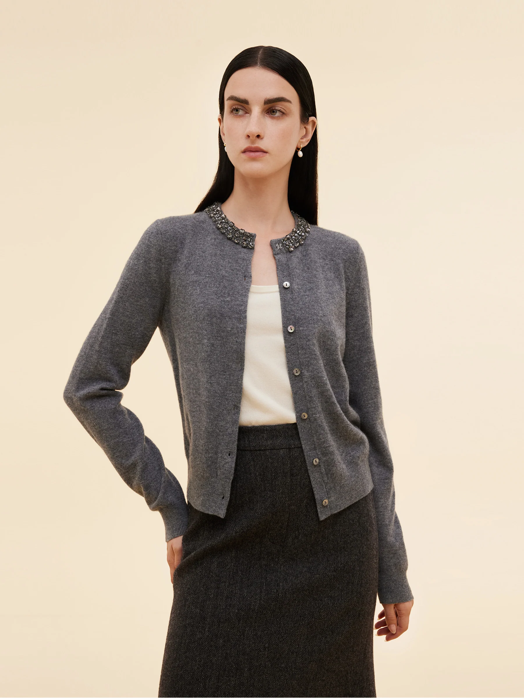 100% Wool Beaded Round Neck Women Cardigan - Image 3