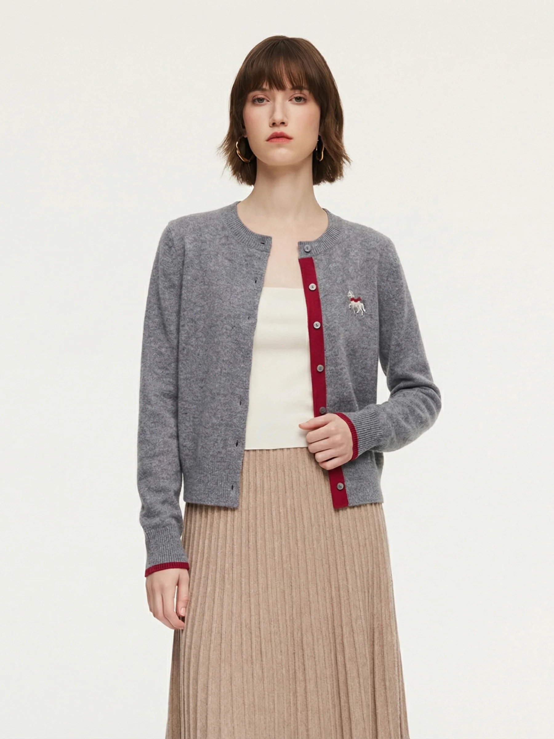 100% Wool Color Block Pony Embroidered Women Cardigan - Image 5