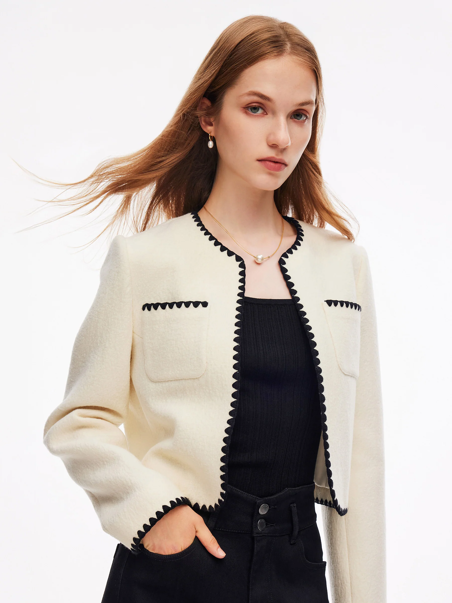 100% Wool Contrast Trim Women Crop Jacket - Image 4