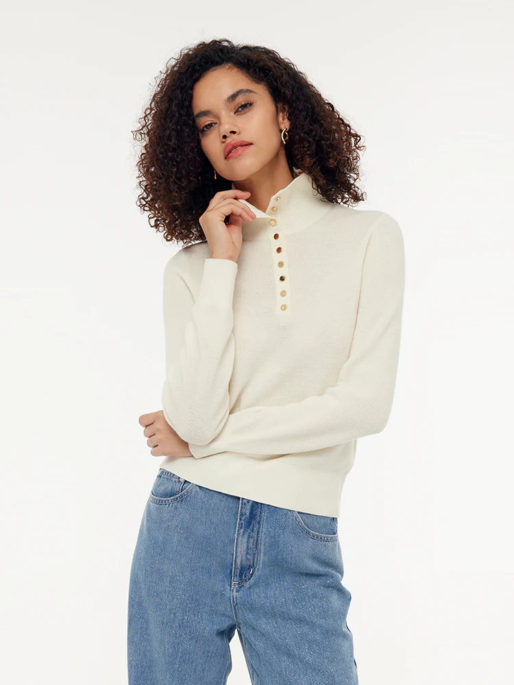 100% Wool Half Button Turtleneck Women Sweater - Image 2