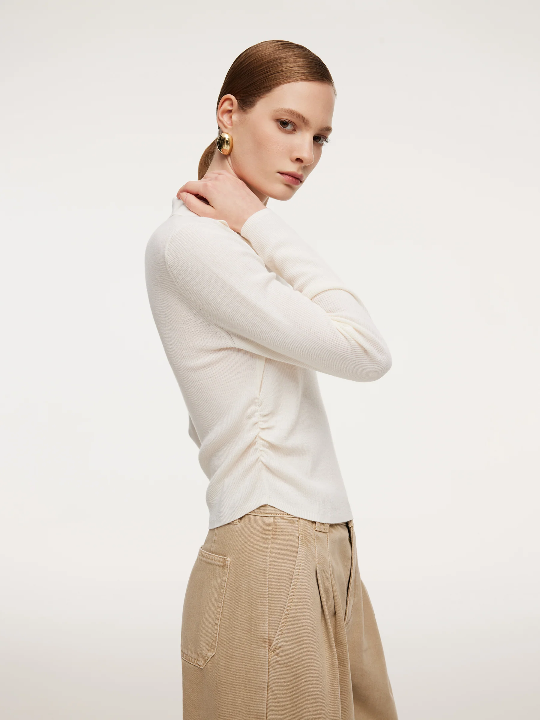 100% Wool V-Neck Ruched Women Polo Knit Top - Image 4