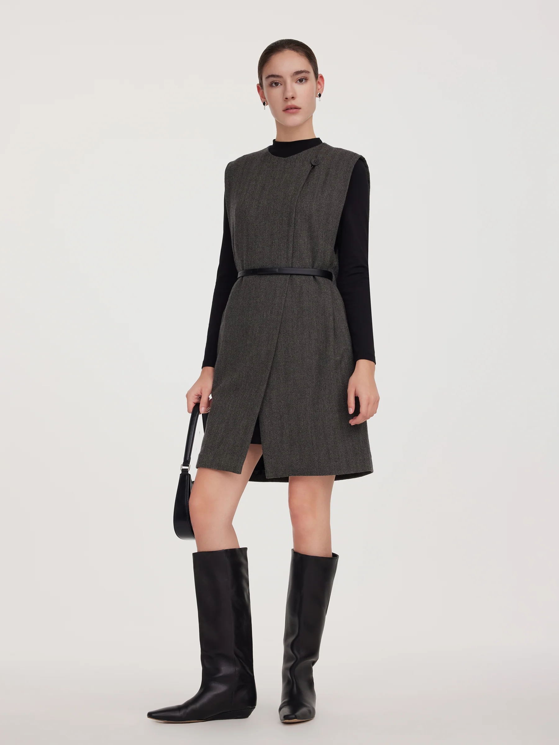 100% Wool Vest And Knit Dress Two-Piece Set With Belt
