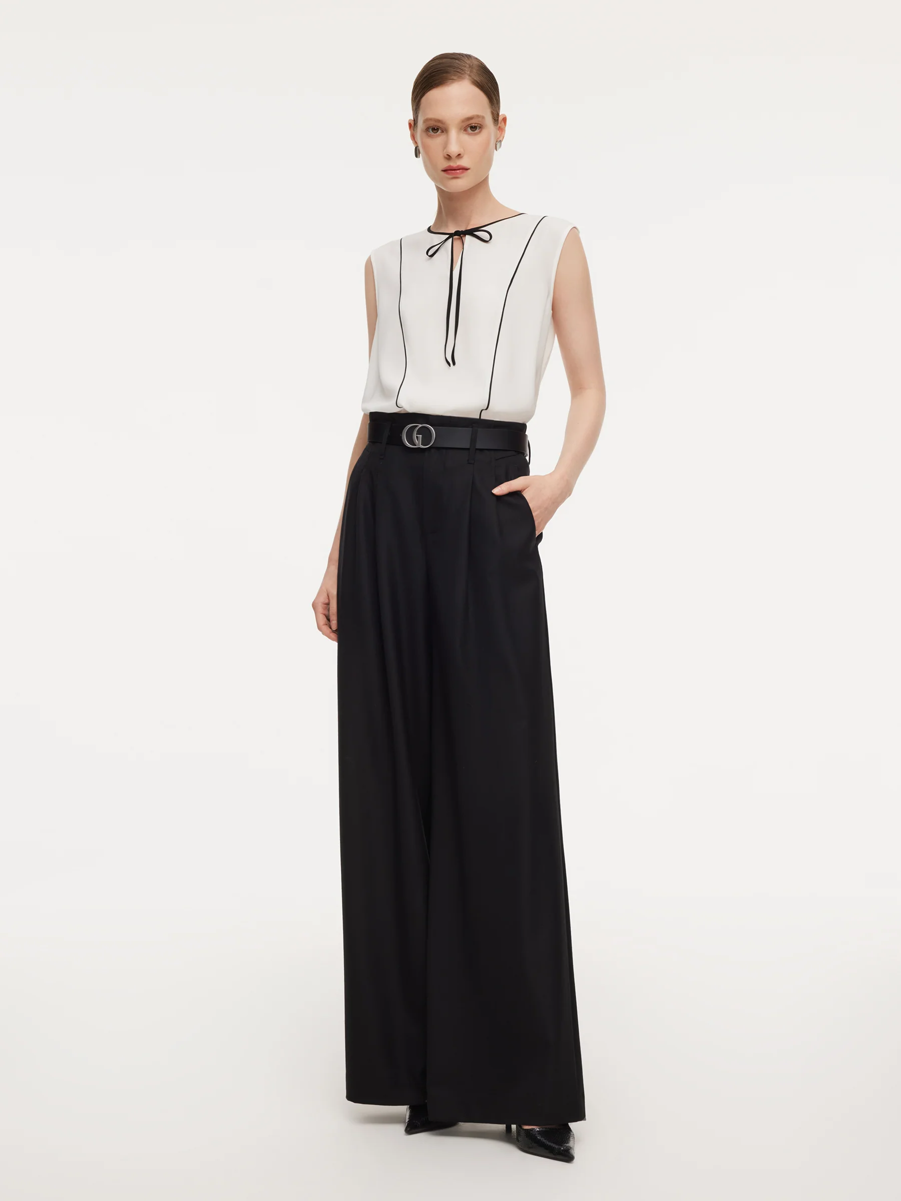 100% Worsted Wool Straight Leg Women Pants With Belt - Image 2