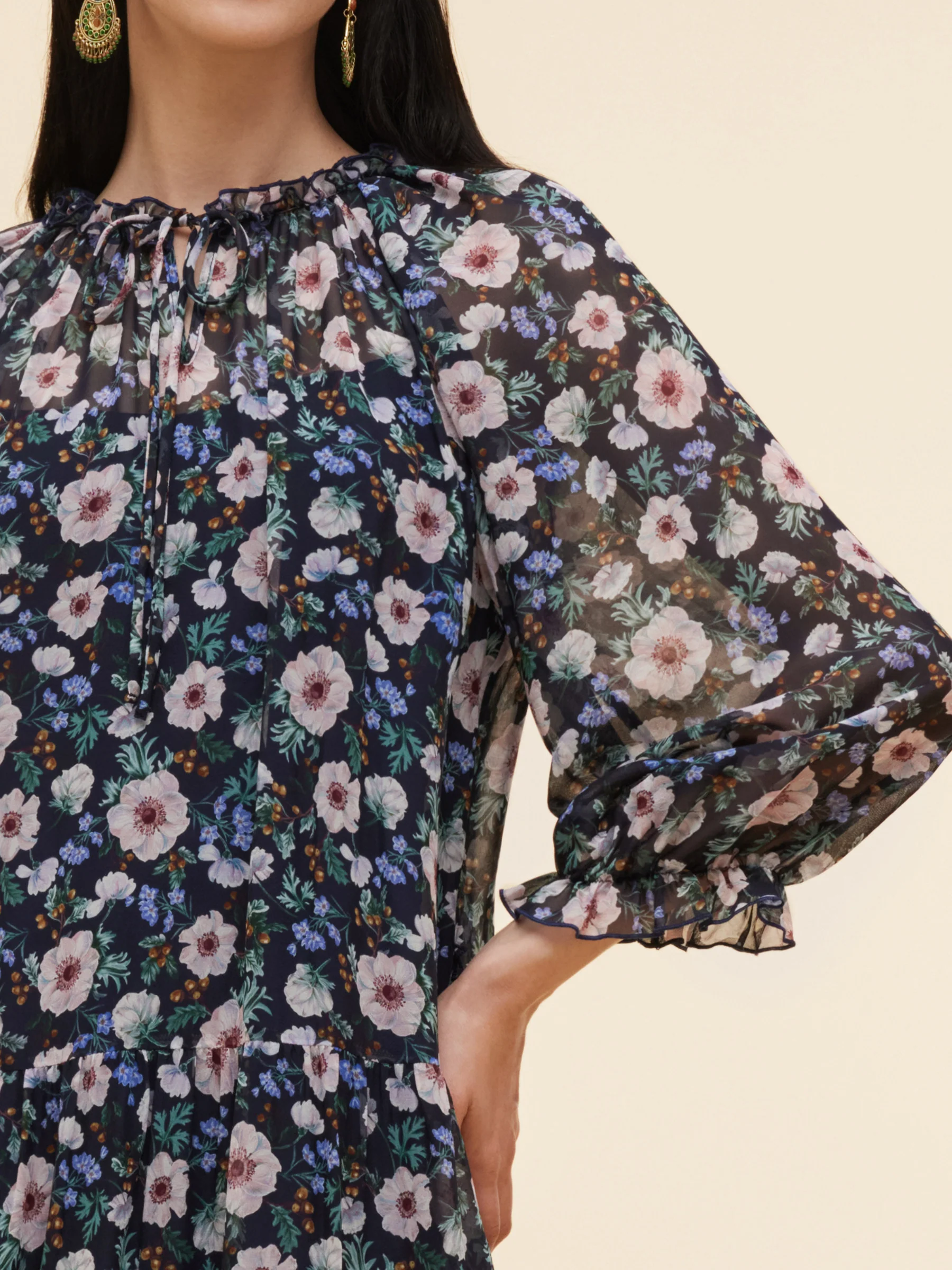 10MM Mulberry Silk Floral Print Women Ruffle Collar Midi Dress - Image 6