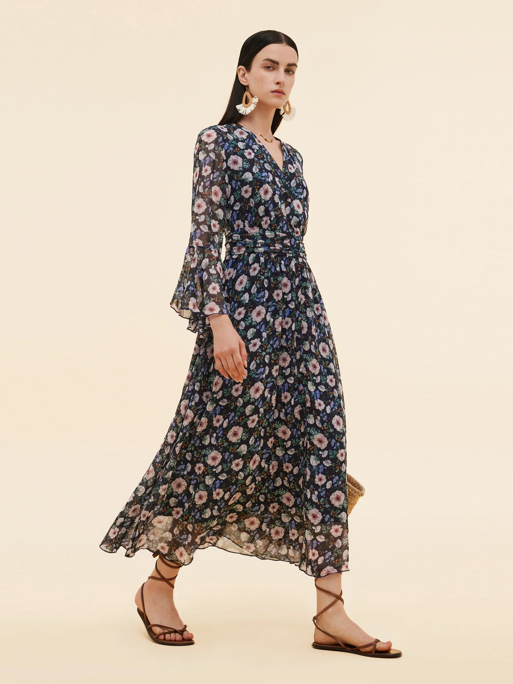 10MM Mulberry Silk Floral Print Women V-Neck Maxi Dress - Image 8