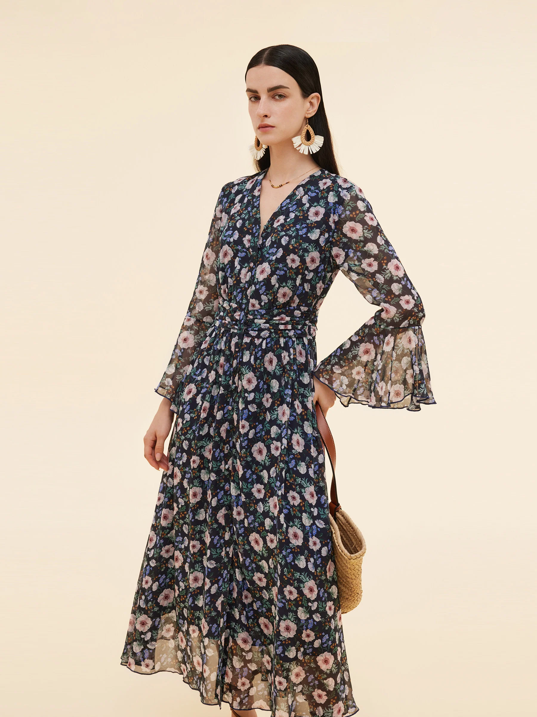 10MM Mulberry Silk Floral Print Women V-Neck Maxi Dress - Image 9