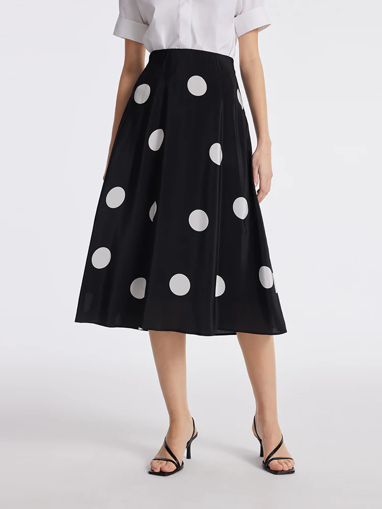 16 Momme Mulberry Silk Polka Dots Print A-Line Women Half Skirt