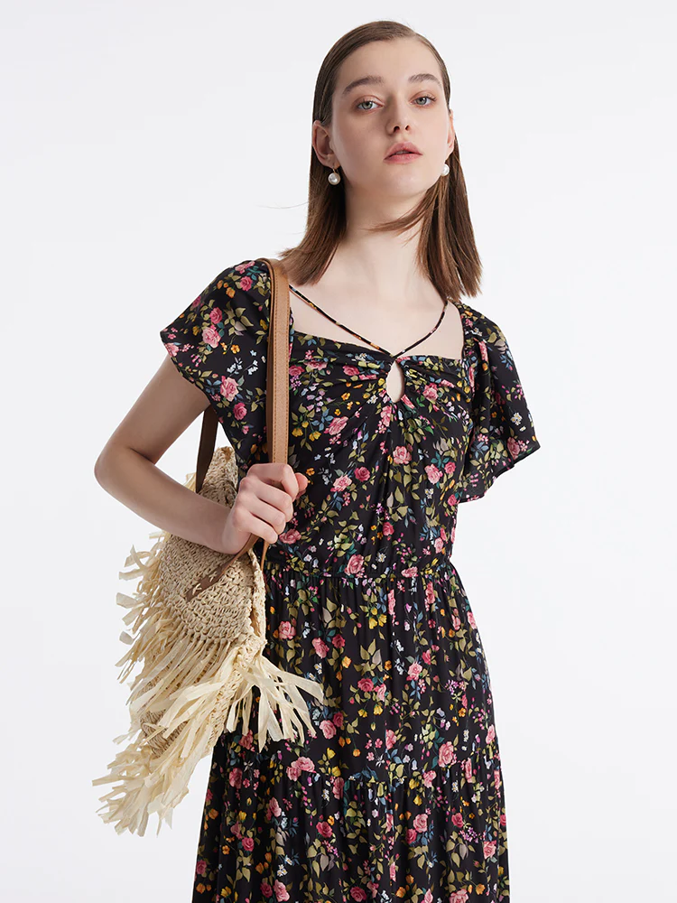 16 Momme Mulberry Silk Rose Print Off Shoulder Women Maxi Dress - Image 6