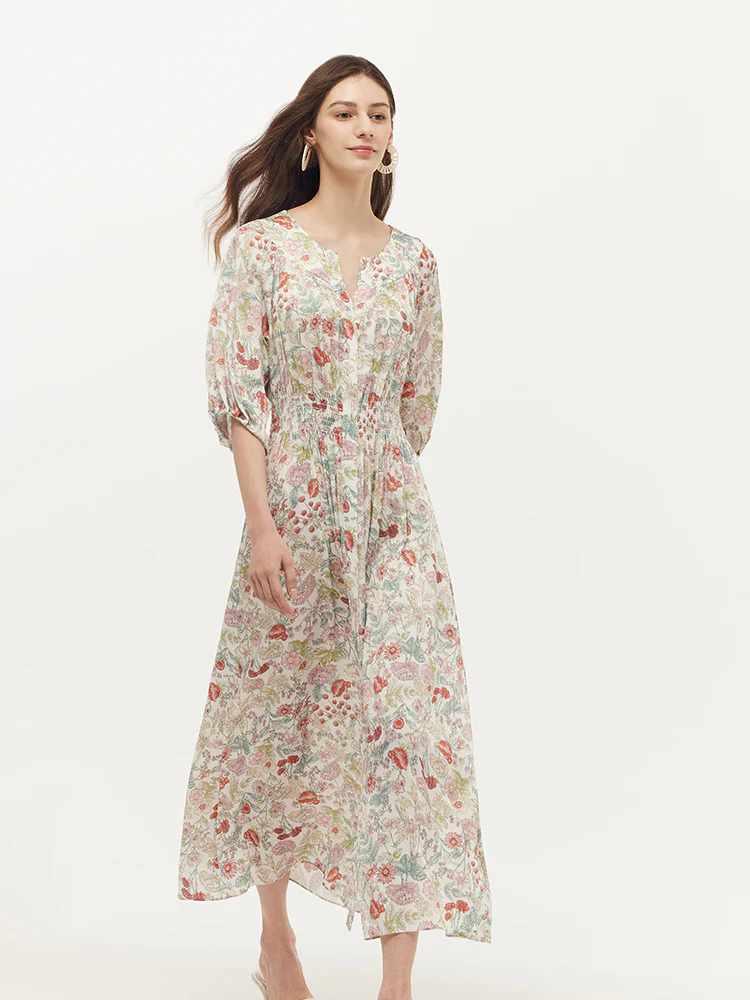 19 Momme Mulberry Silk Floral Print Ruched Waist Women Maxi Dress - Image 4