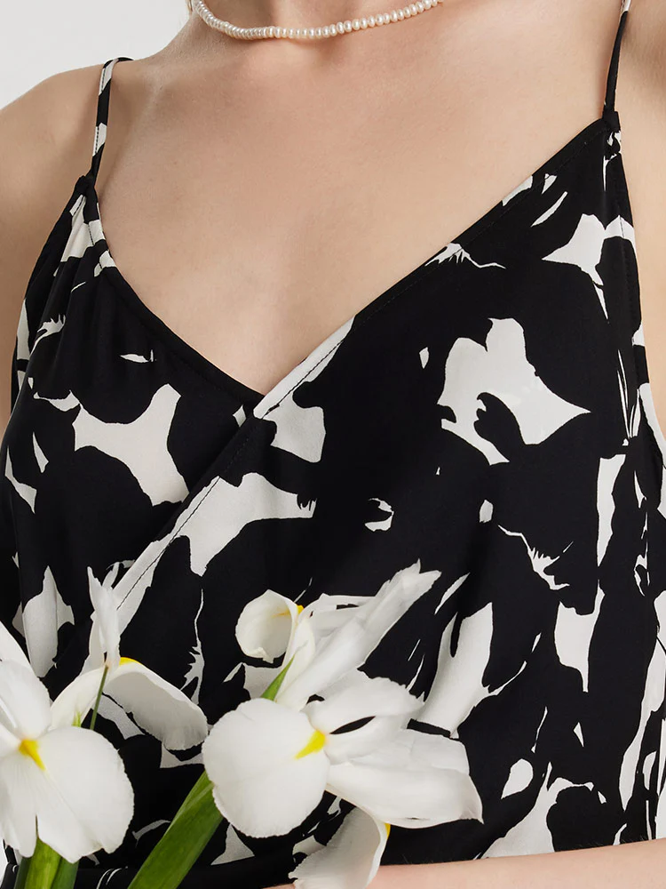 19 Momme Mulberry Silk Iris Print Women Maxi Spaghetti Strap Dress With Scrunchie - Image 11