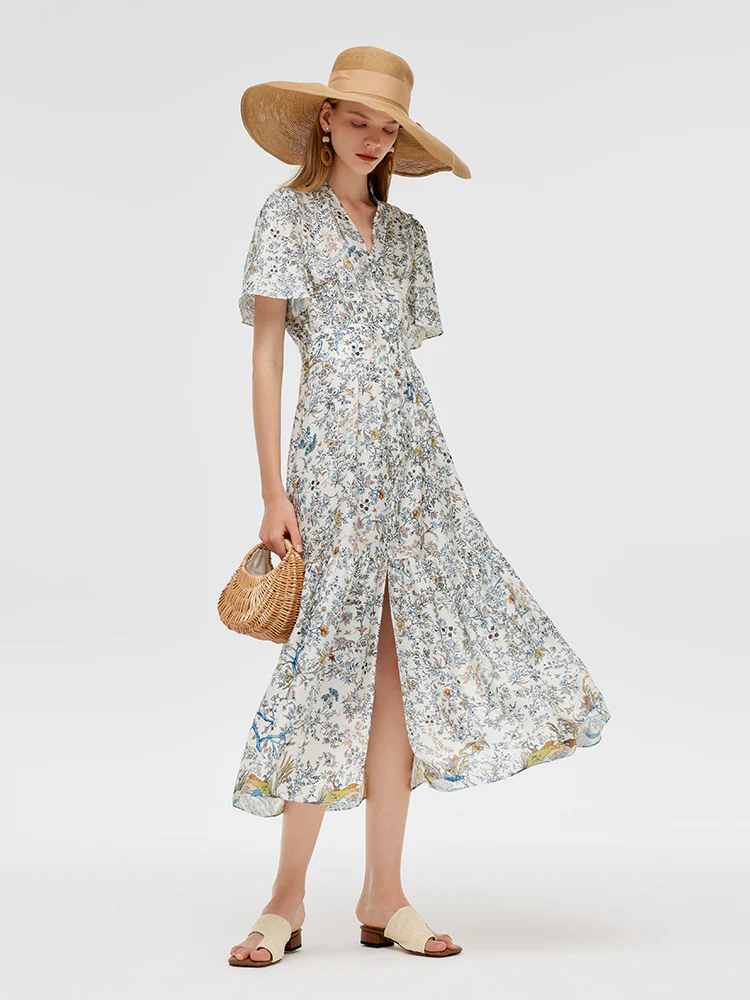 19 Momme Mulberry Silk V-Neck Print Women Maxi Dress - Image 8