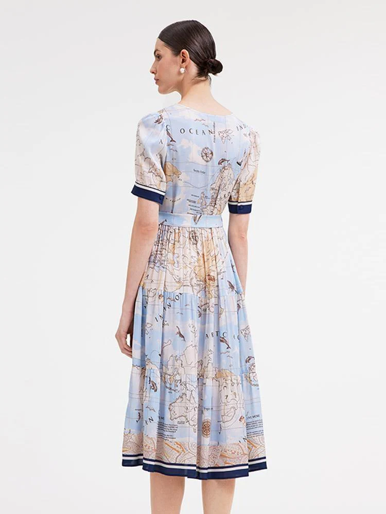 19 Momme Silk Map Print Midi Dress - Image 10