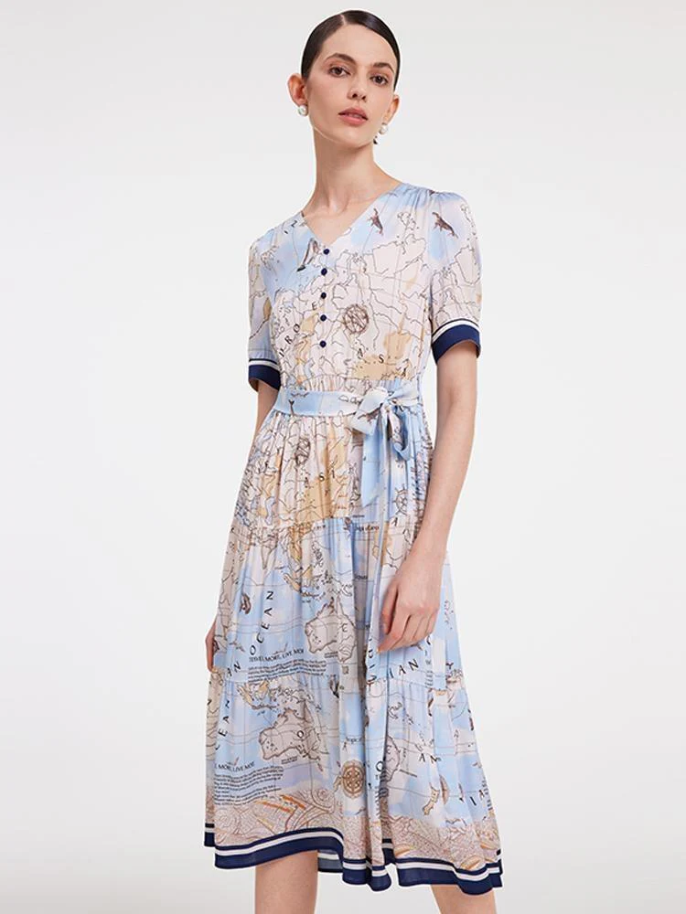 19 Momme Silk Map Print Midi Dress - Image 12