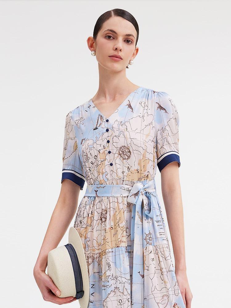 19 Momme Silk Map Print Midi Dress - Image 13