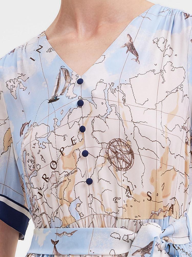 19 Momme Silk Map Print Midi Dress - Image 14