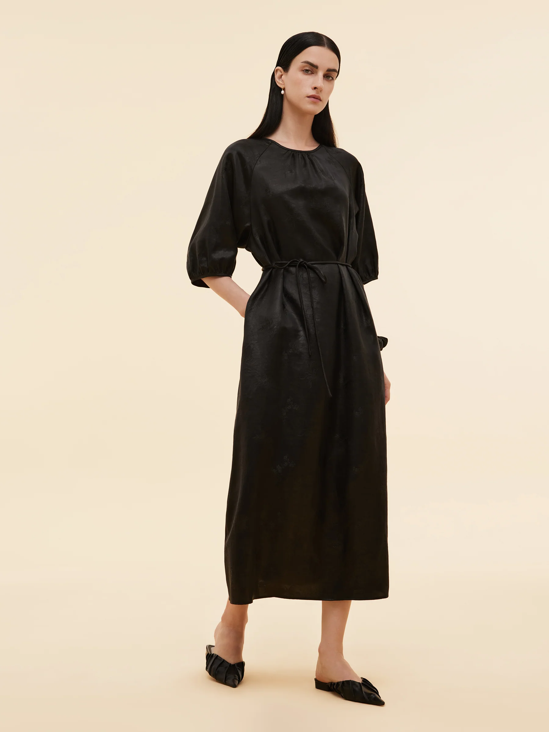 19MM Xiang Yun Silk Jacquard Women Self-Tie Belt Maxi Dress - Image 5