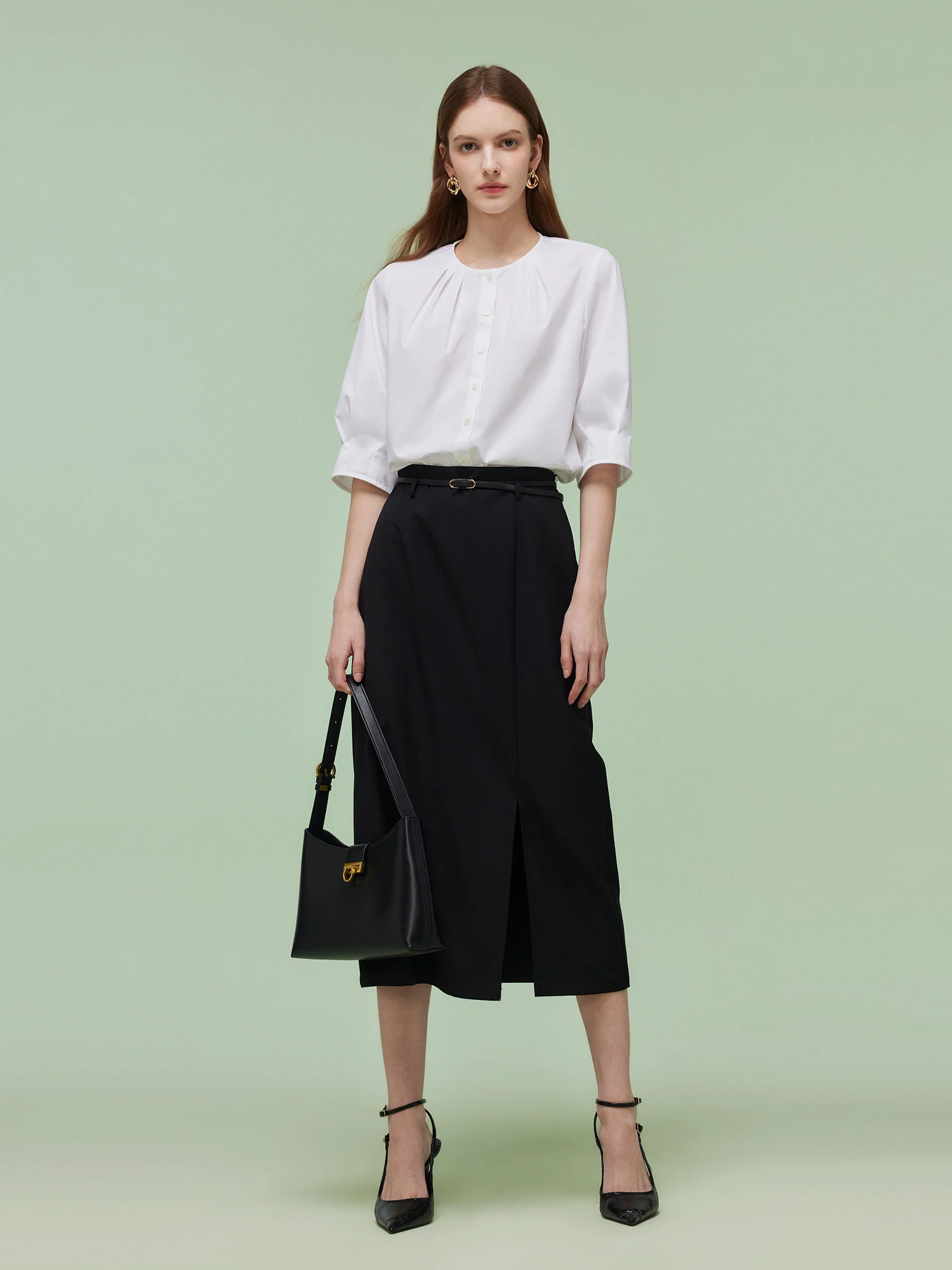 3/4 Sleeve Shirt And Front Slit Skirt Two-Piece Set With Leather Belt - Image 2