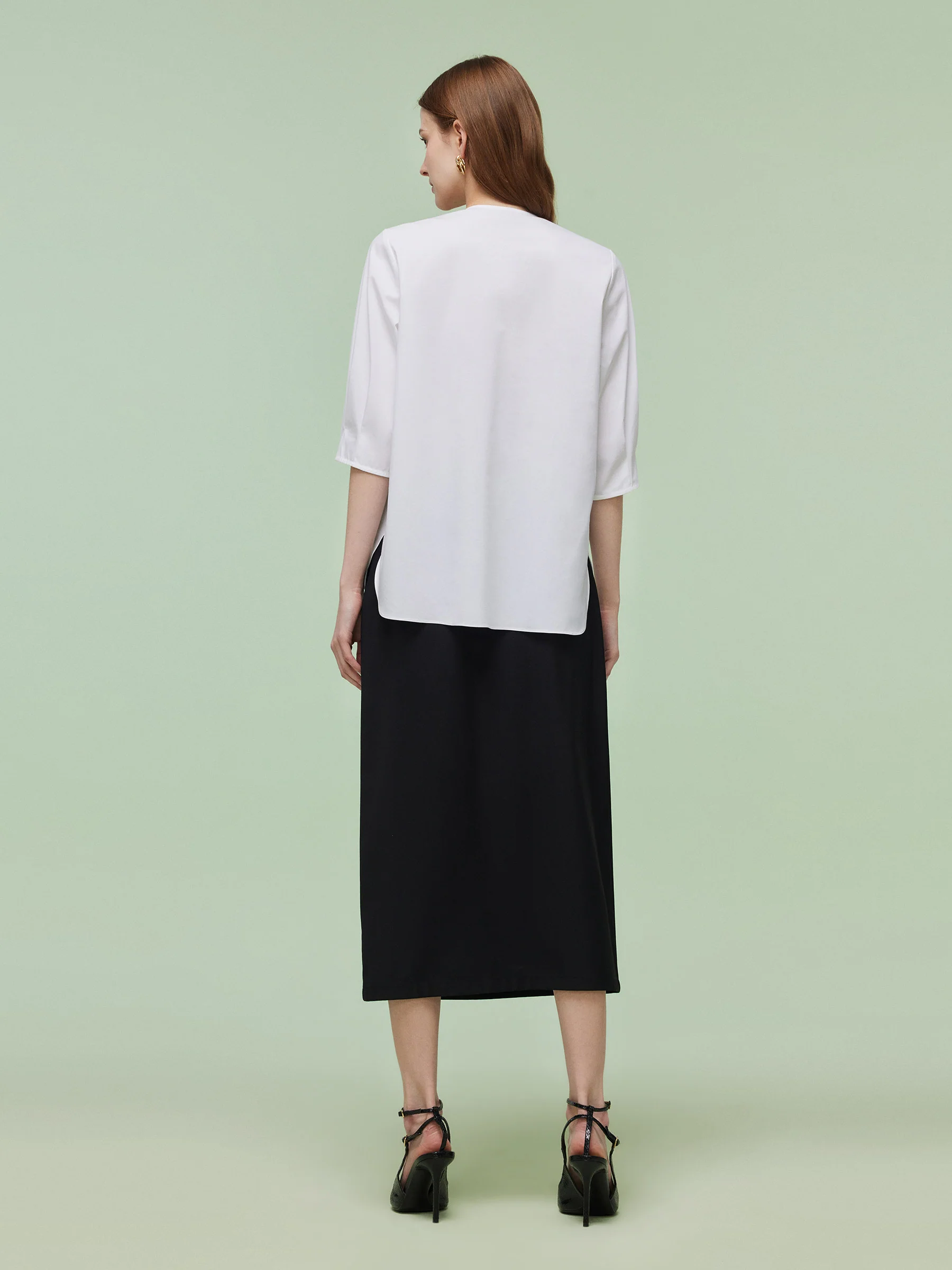3/4 Sleeve Shirt And Front Slit Skirt Two-Piece Set With Leather Belt - Image 3