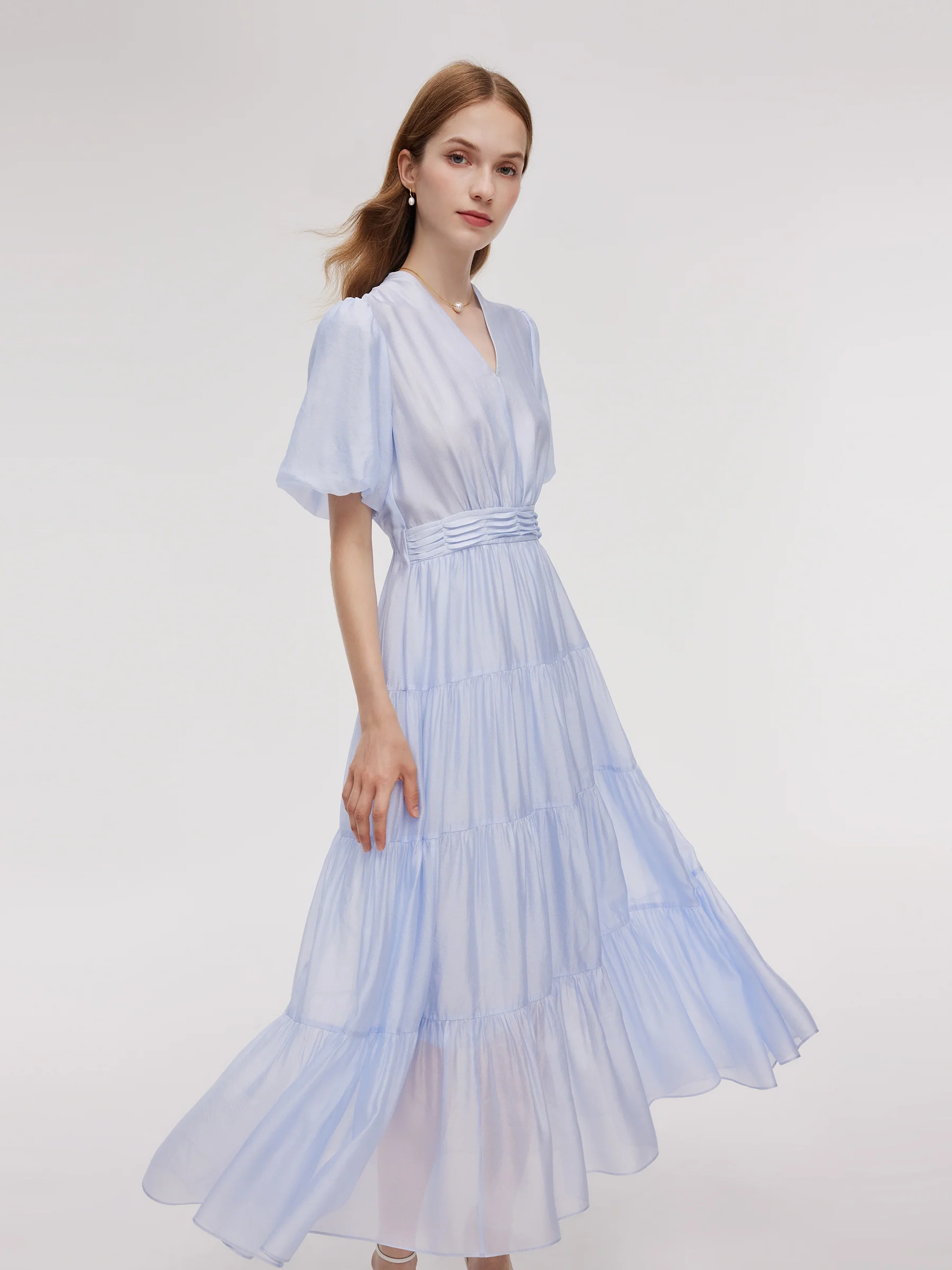 A-Line V-Neck Women Pleated Tiered Maxi Dress - Image 4