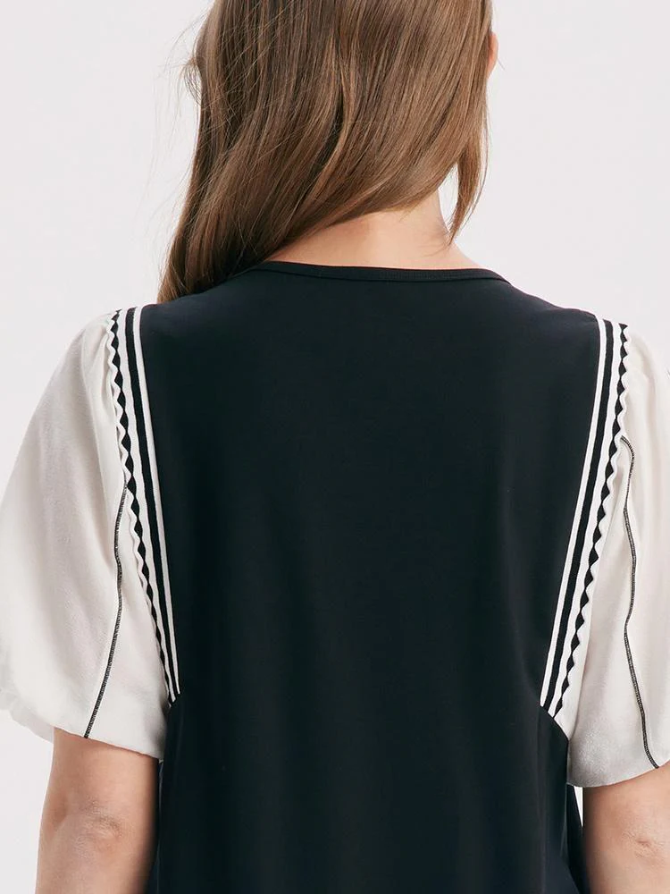 A-Shape Patchwork Puff Sleeve Mini Dress - Image 10