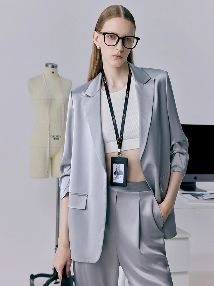 Acetate 3/4 Ruched Sleeves Women Blazer