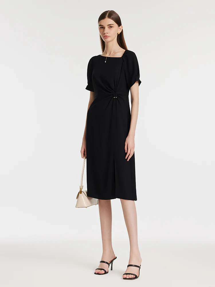 Acetate Asymmetric Neck Slit Twist Waist Women Midi Dress - Image 3