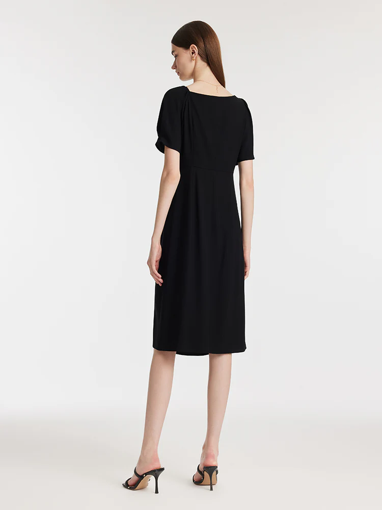 Acetate Asymmetric Neck Slit Twist Waist Women Midi Dress - Image 4